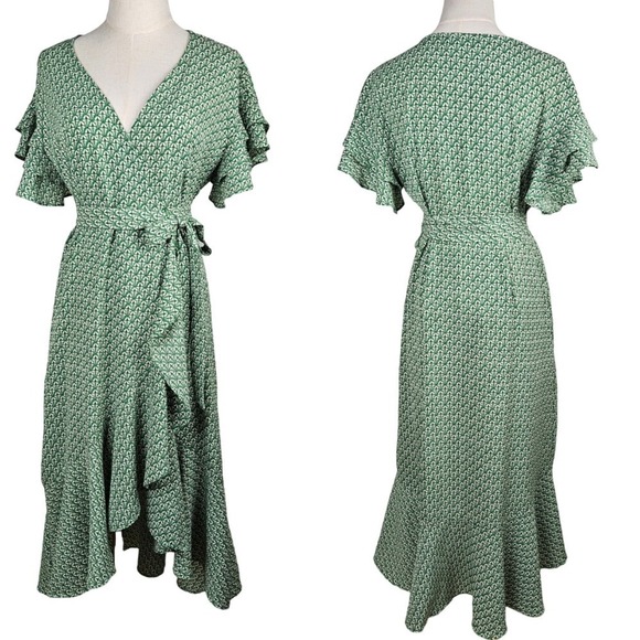 Max Studio Ruffle‎ Trim Wrap Midi Dress S Green Print Crepe V-Neck - Picture 1 of 9